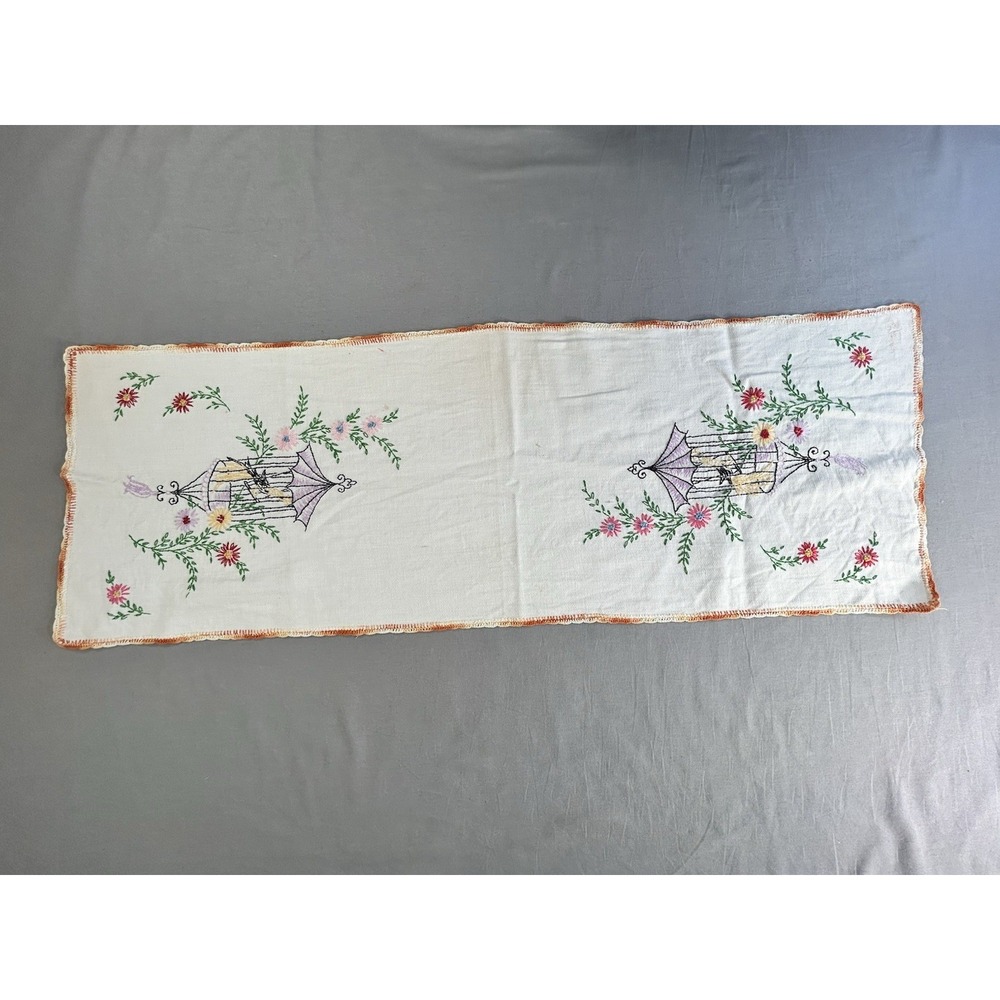 Vintage Cotton Table Runner Hand Towel Embroidered Birdcage Has Flaws 36.25"x12"